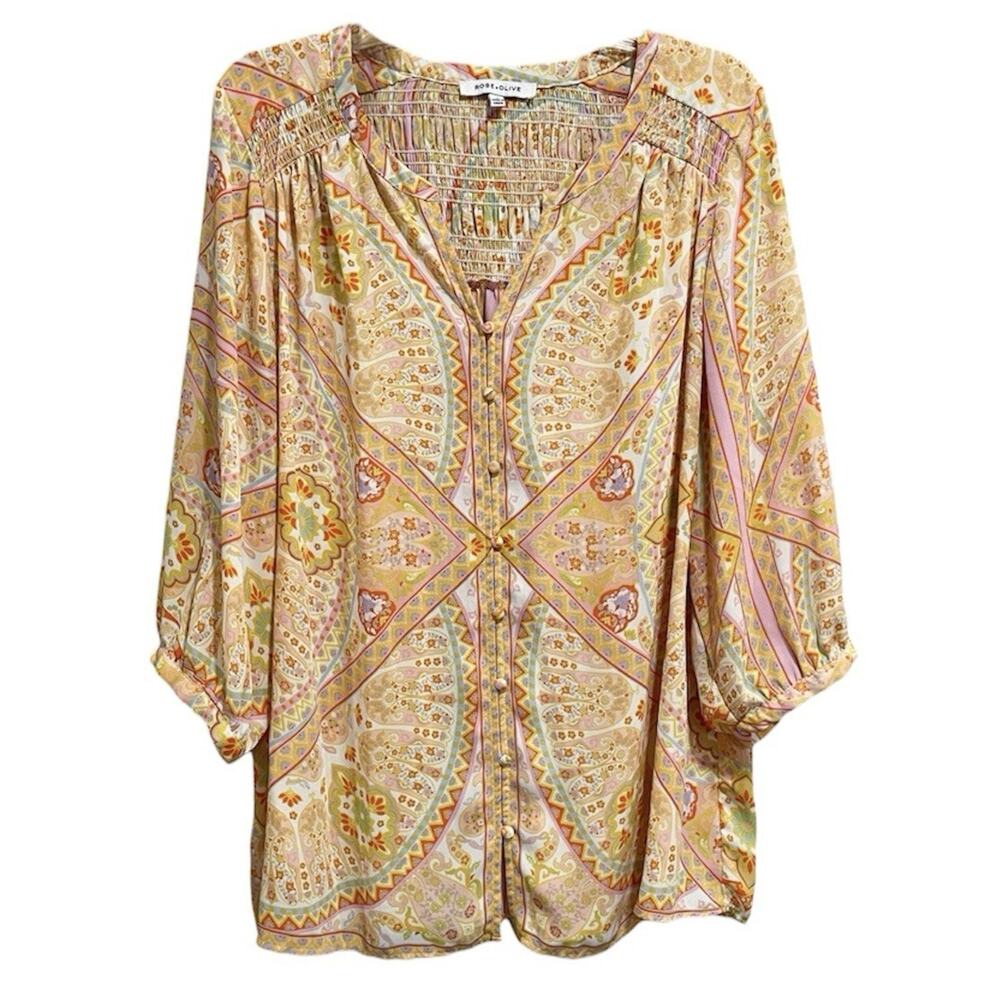 Rose And Olive Womens Boho Pastel Printed Button Top Size 1X Spring Groovy